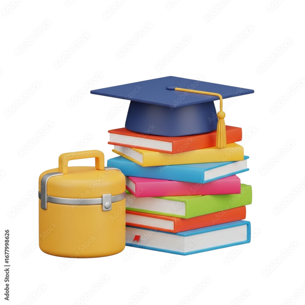 Aufkleber 3d icon of graduation cap on stack of books with lunchbox isolated on transparent background