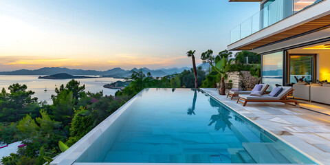 Fototapeta premium Luxurious infinity pool overlooking a serene ocean bay at sunset, with a modern villa and lush greenery.