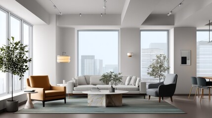 Fototapeta premium Modern living room interior with city view contemporary furniture and large windows