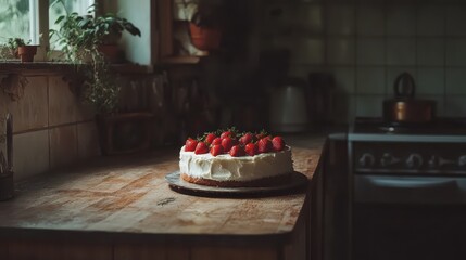 Fresh Strawberry Cake on Wooden Table in Cozy Kitchen Atmosphere