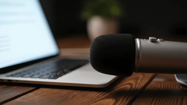 Modern audio recording setup with a condenser microphone and laptop for content creation