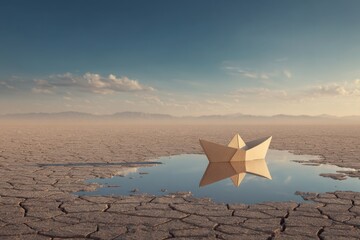 Paper Boat in a Desert Landscape Surrounded by Cracked Dry Earth Reflecting Under Bright Blue Sky