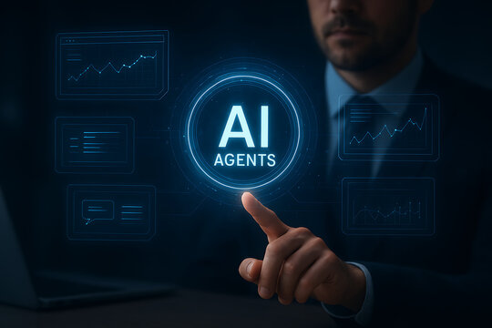 artificial intelligence agents working on a computer screen for global business analysis and planning with a futuristic digital hud interface - Powered by Adobe