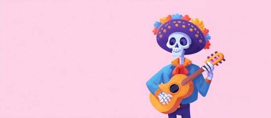 Fototapeta premium Skeleton mariachi musician playing guitar for Day of the Dead celebration. Mexican holiday Calavera festive character for Dia de los Muertos.