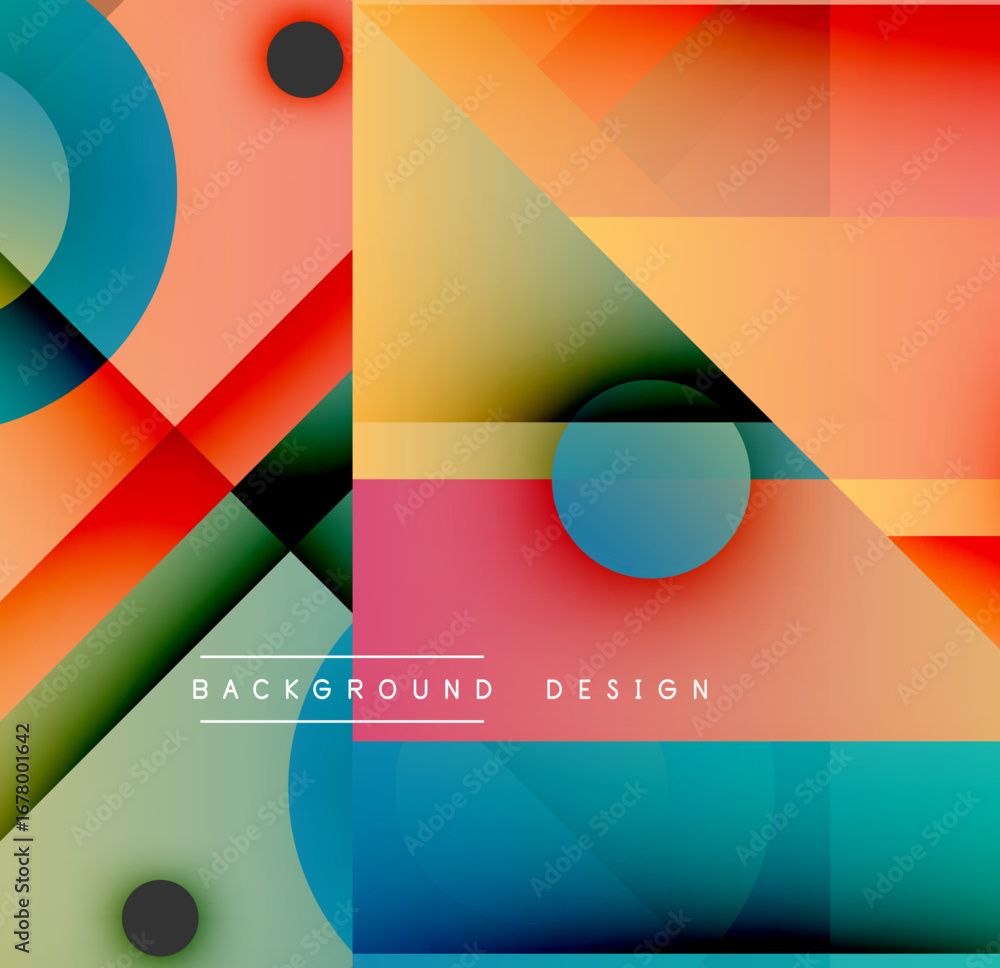 Poster abstract geometric composition. overlapping shapes create vibrant color gradients, modern design ele
