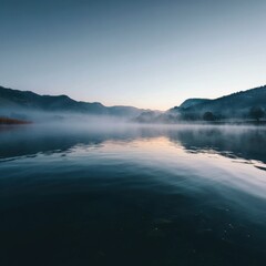 Fototapeta premium Misty Sunrise Over Calm Water with Mountains in Background and Soft Morning Light