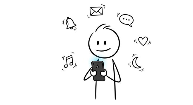 Stick Figure Person Engaged with Smartphone Surrounded by Various Digital Notifications and Icons Illustrating Connectivity and Online Communication