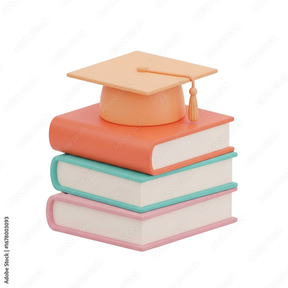 Poster 3d icon of graduation cap on stack of books isolated on transparent background