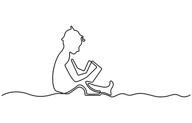 A minimalist line drawing depicts a child comfortably seated, deeply engrossed in reading a book. The singleline art style emphasizes the peaceful moment of quiet reading and absorption in literature.