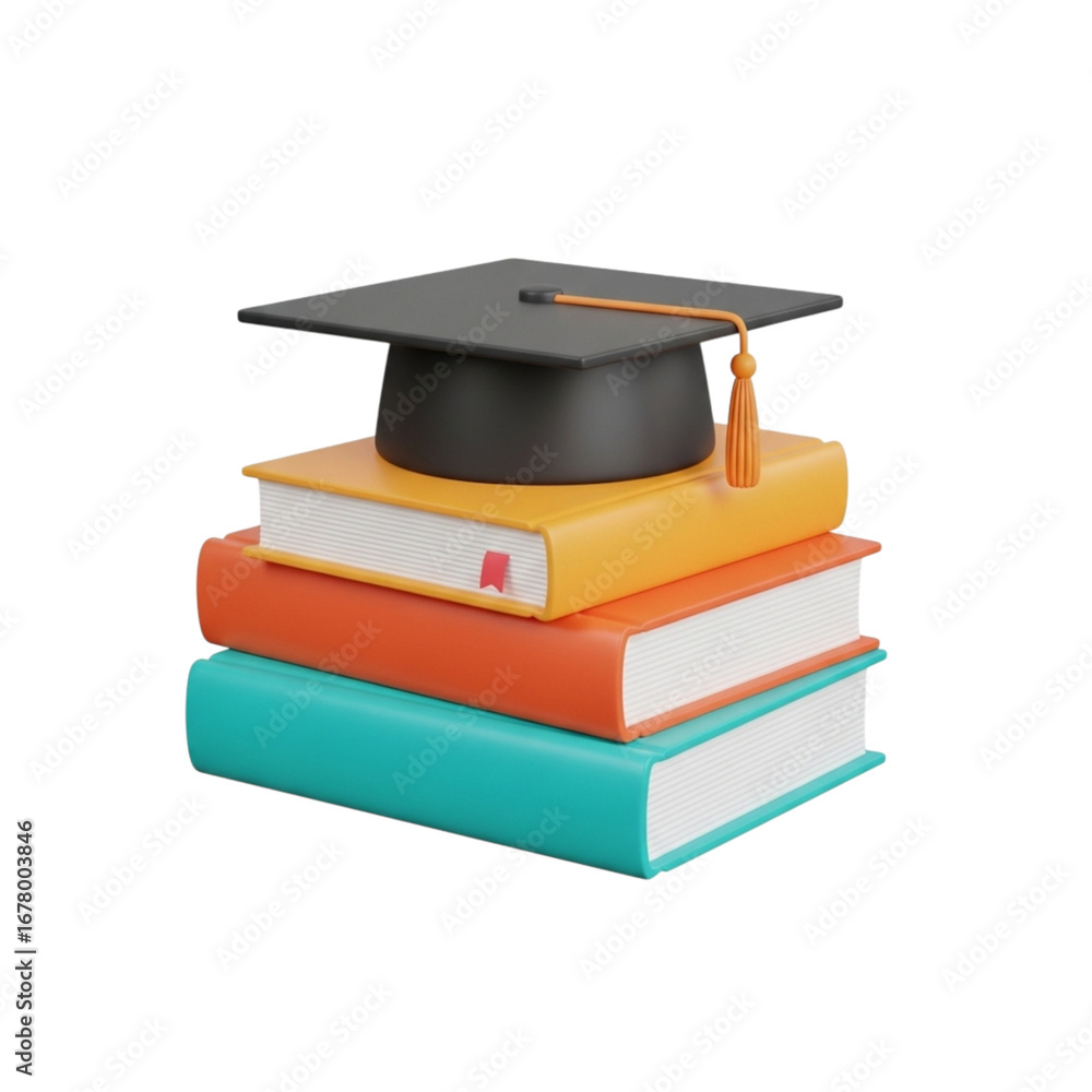 Poster 3d icon of graduation cap on a stack of books isolated on transparent background