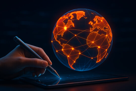 A hand with a digital pen points to a glowing globe with a connected network grid floating above a tablet, representing global business and technology - Powered by Adobe