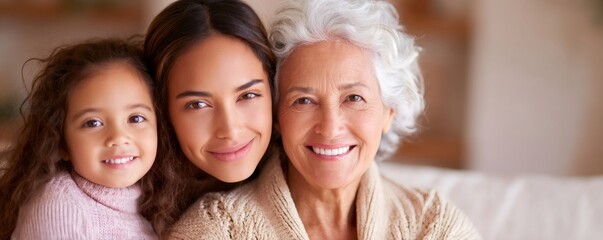 A young girl, woman, and senior woman smiling at the camera, representing three generations of family joy and connection.