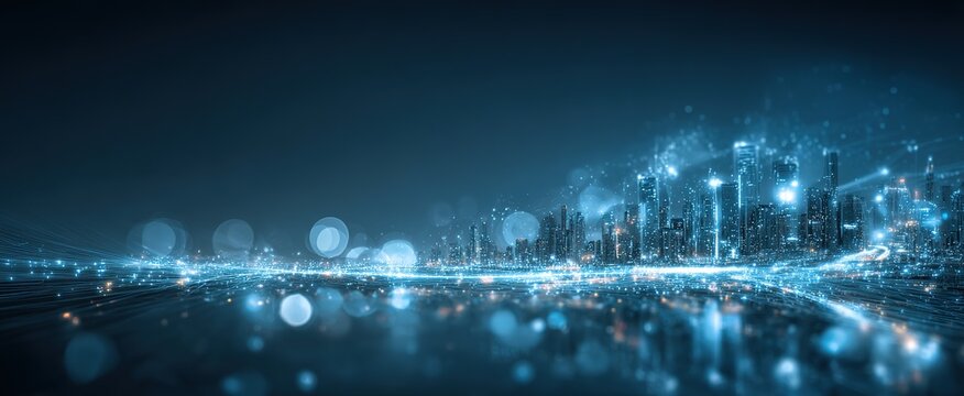 Glowing, tech - inspired cityscape with blue light effects. Great for tech company visuals, digital innovation ads, or futuristic design projects.