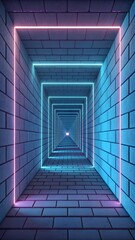 Obraz premium Gradient geometric tunnel view. Abstract tunnel with gradient bricks and glowing neon outline.