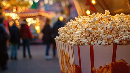 Freshly Popped Popcorn in Cart at Colorful Fairground Evening Scene