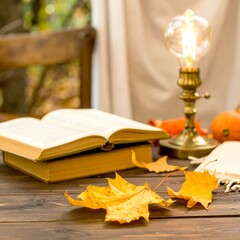 Autumnal reading scene on a rustic wooden table