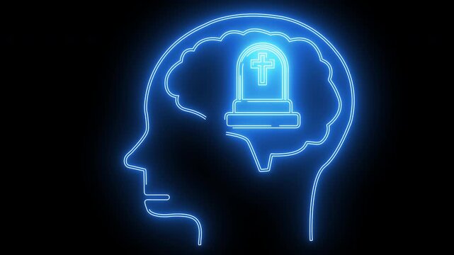 human brain head icon and tombstone icon with neon effect