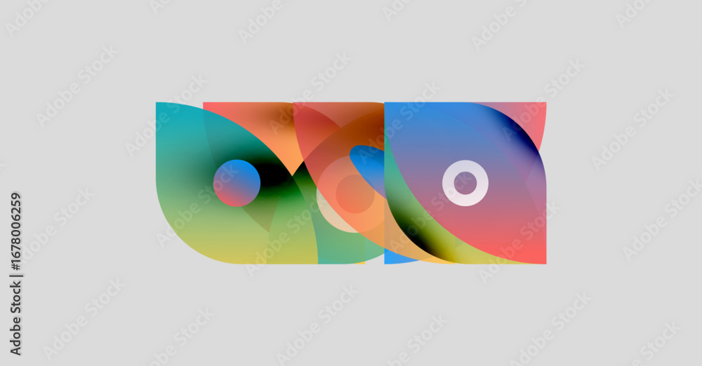 Poster abstract colorful shapes overlap, creating vibrant visual composition. gradient hues blend smoothly,