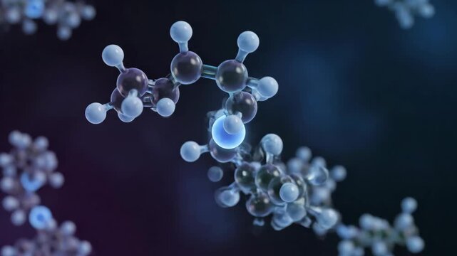 Abstract illustration of molecular structures with glowing atoms, representing chemical bonds and scientific research.
