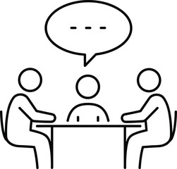 Business meeting discussion icon, three people talking at table, office teamwork collaboration, communication dialogue concept, negotiation symbol, workplace conversation illustration