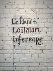 Obraz premium Inscription vulgarism painted on white brick wall