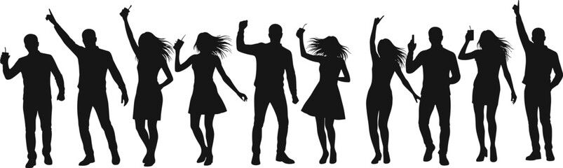Silhouette people dancing, party celebration, men and women, music, nightlife, fun, dance moves, friends, entertainment, festival, happy crowd