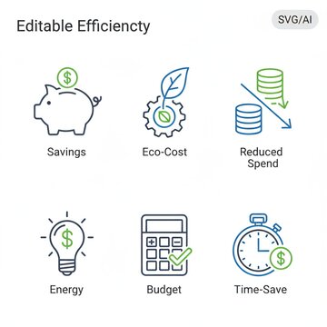 Boost efficiency with icons for savings, eco-cost, reduced spend, energy, budget, and time-saving solutions