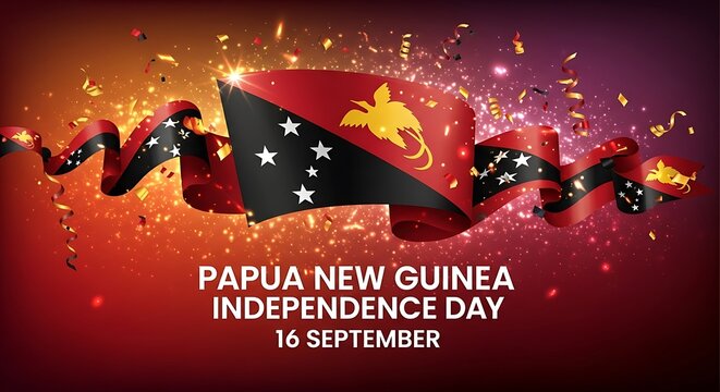 Papua New Guinea Independence Day: Festive Flag Design with Sparkling Confetti and Dynamic Ribbon