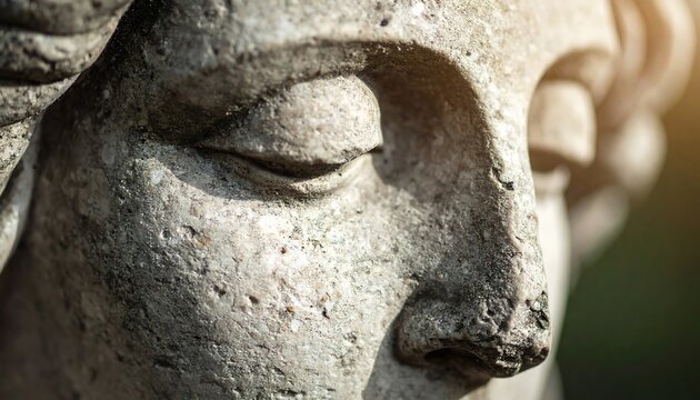 Close-up of weathered stone statue face