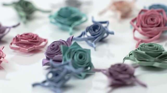 Delicate paper roses in various pastel hues arranged on a white surface.