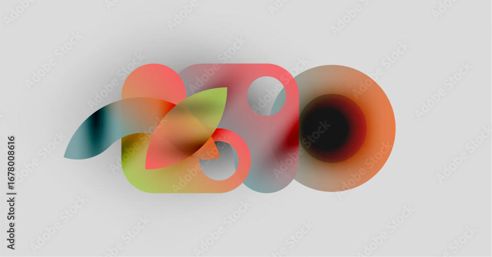 Poster abstract colorful shapes overlap, creating dynamic composition. soft gradients suggest depth, light 