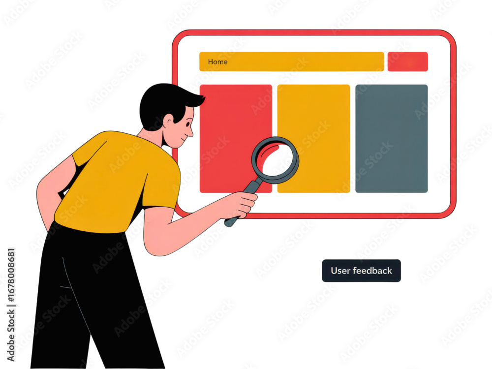 Poster man with magnifying glass analyzing user interface design, ensuring optimal user experience on the w