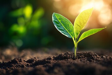 Fototapeta premium Young sprout emerging from dark soil, bathed in sunlight (1)
