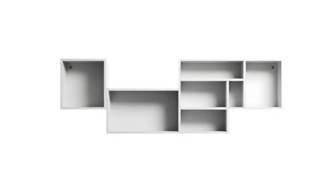 Modern white cube shelves isolated on transparent background for wall storage
