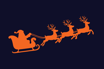 Artistic vector silhouette depicting Santa Claus on sleigh with reindeer flying through sky, elegant composition representing Christmas tradition, joy, happiness, festive celebration.