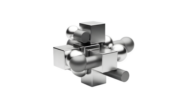 Abstract geometric composition of cubes and spheres isolated on transparent background