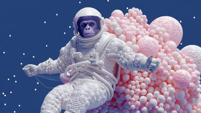 Purple faced monkey astronaut floating in space wearing detailed white suit and helmet surrounded by textured pink cloud, white stars, and cluster of helium balloons in deep blue background