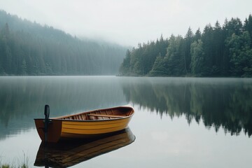 Calm yellow boat on a misty lake, surrounded by forested hills