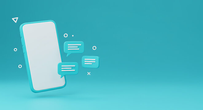 Modern Smartphone Mockup with Chat Bubbles and UI Elements in Minimalist 3D Style Technology and Communication Concept