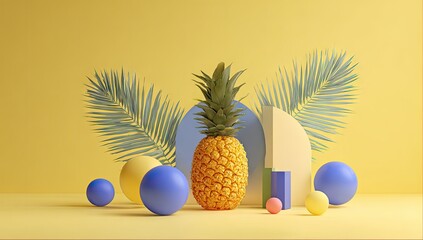 Tropical Pineapple Still Life with Geometric Shapes and Palm Fronds.