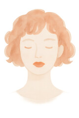 Curly red hair woman closed eyes minimalist watercolor portrait PNG