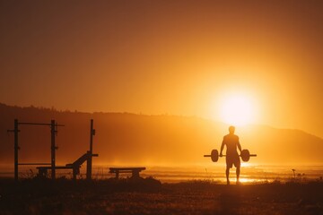 Silhouette of Athlete Preparing for Weightlifting Against Sunset at Beach Location
