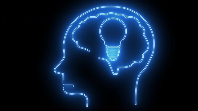 human brain head icon and light bulb icon with neon effect