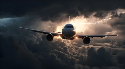 An airplane flying through a stormy sky with lightning in the background at dusk or dawn time