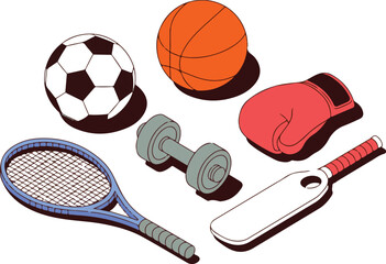 Isometric Sports Equipment Illustration Displaying Athletic Gear and Accessories