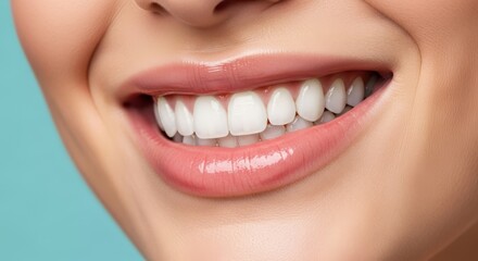 Obraz premium Closeup of a womans radiant smile with perfectly white, healthy teeth and glossy, pink lips against a soft blue background