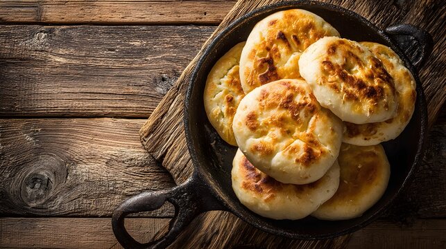 Top view of rustic bannock breads in cast iron skillet on wooden table.