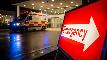 Ambulance arrives at hospital emergency entrance at night