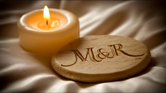 Warmly Lit Candle and a Round, Carved Coaster with M&r Initials Resting on Draped, Soft Cream Fabric