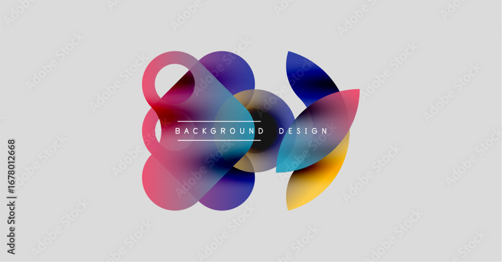 Poster abstract colorful shapes overlap, creating dynamic visual effect. light gray background provides cle